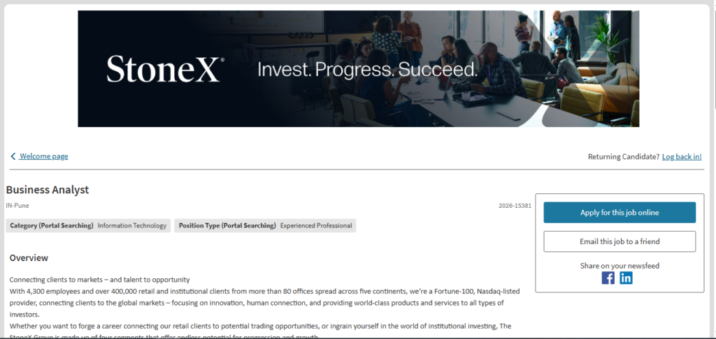 StoneX Hiring Business Analyst | Pune 2026