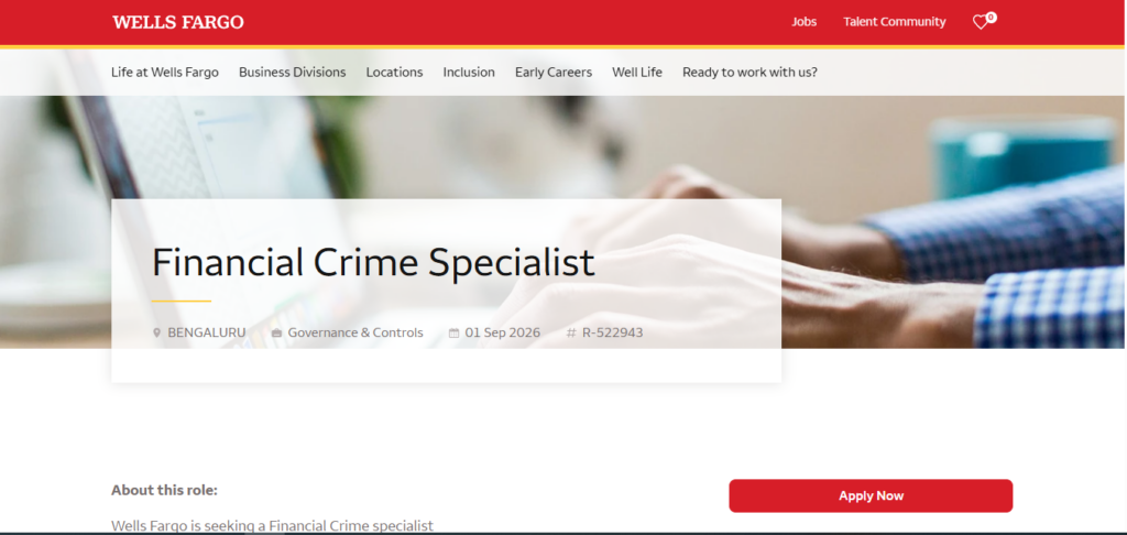 Wells Fargo Hiring Financial Crime Specialist | Bangalore 2026