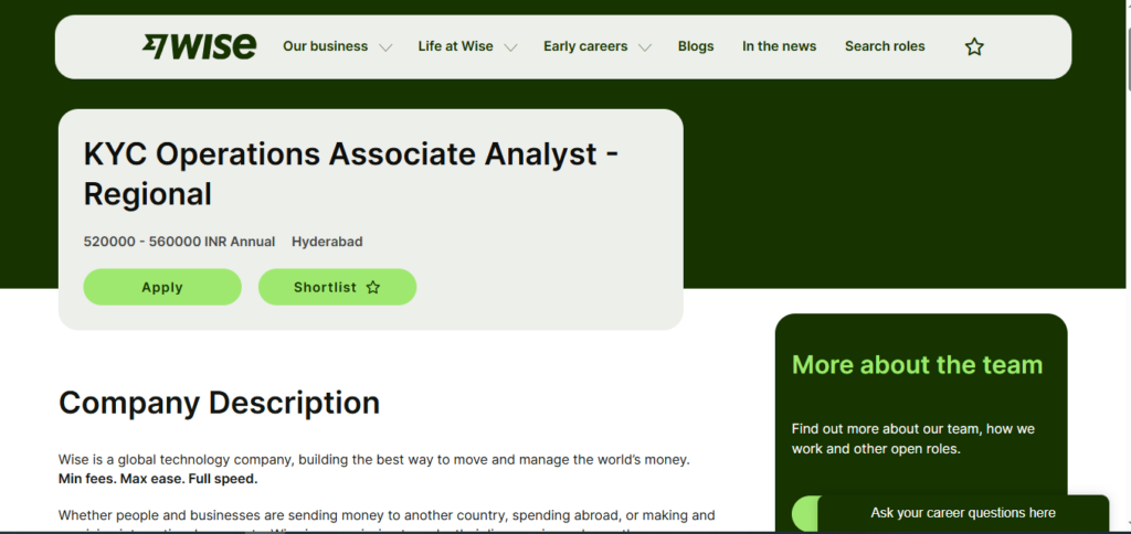 Wise Hiring KYC Operations Associate Analyst – Regional | Hyderabad 2026