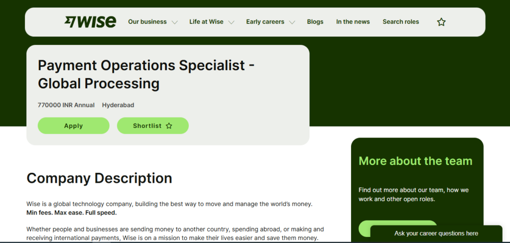 Wise Recruitment Drive; Hiring Payment Operations Specialist