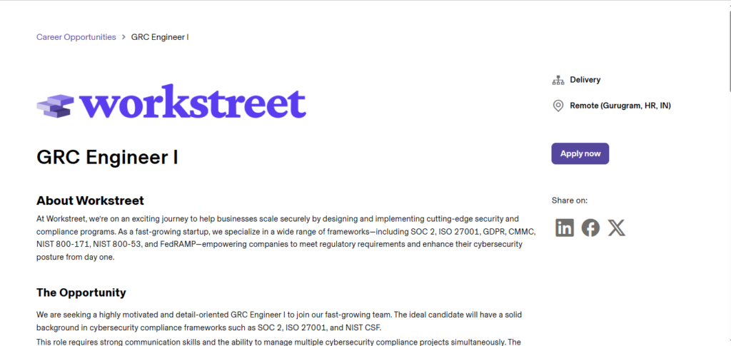 Workstreet Work from Home Jobs; Hiring GRC Engineer I