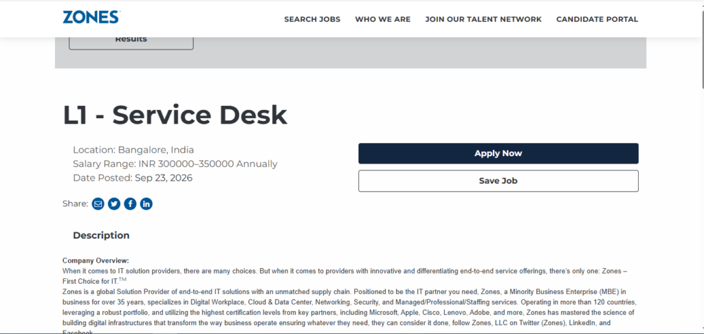 Zones Hiring Service Desk – L1 | Bangalore 2026
