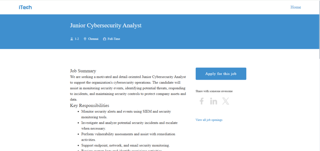 iTech Recruitment Drive; Hiring Junior Cybersecurity Analyst