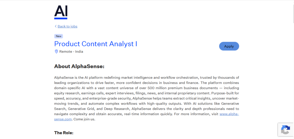 Alphasense Hiring Product Content Analyst I | Work from Home 2026