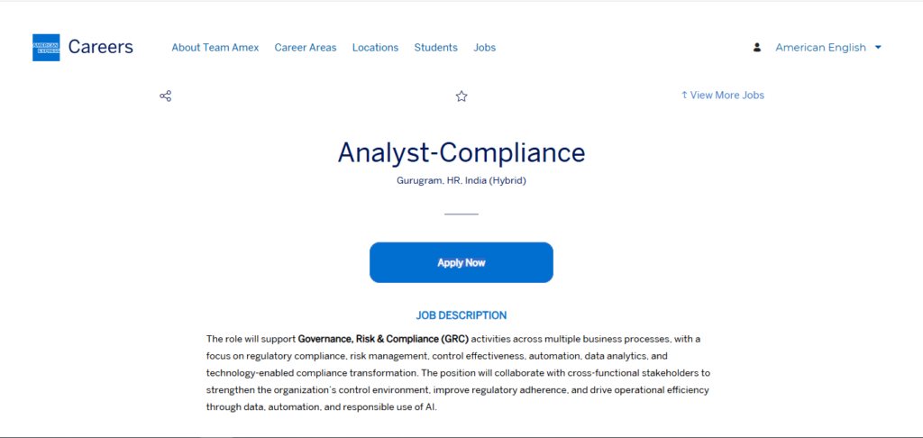 American Express Hiring Analyst – Compliance | Gurgaon 2026