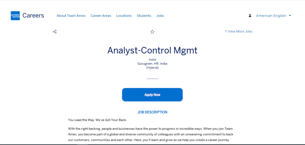 American Express Hiring Analyst – Control Management | Gurugram 2026