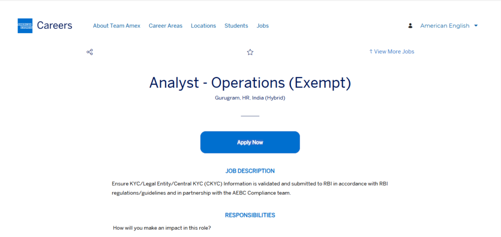 American Express Hiring Analyst - Operations (Exempt) | Gurgaon 2026