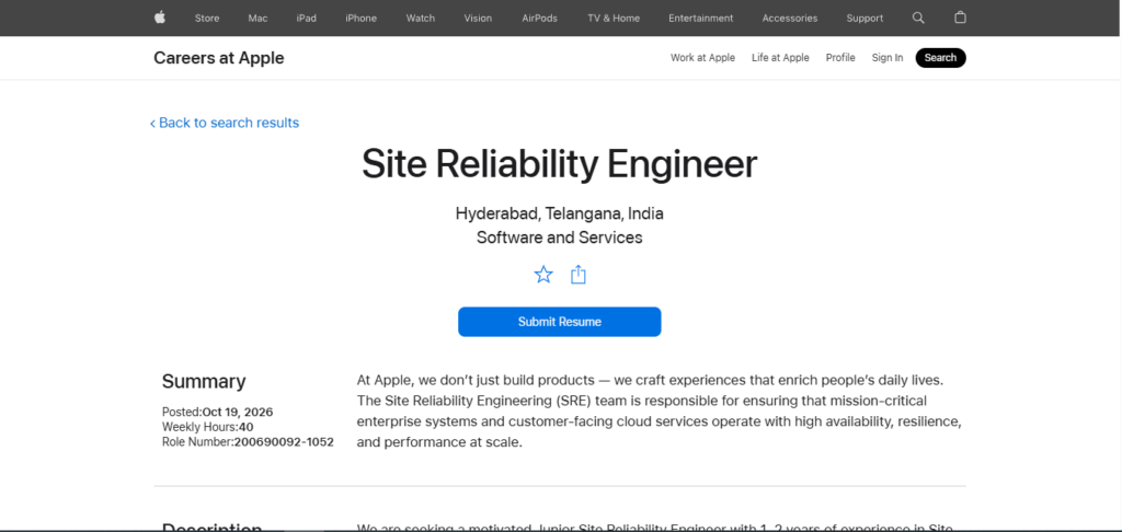 Apple Hiring Junior Site Reliability Engineer | Hyderabad 2026