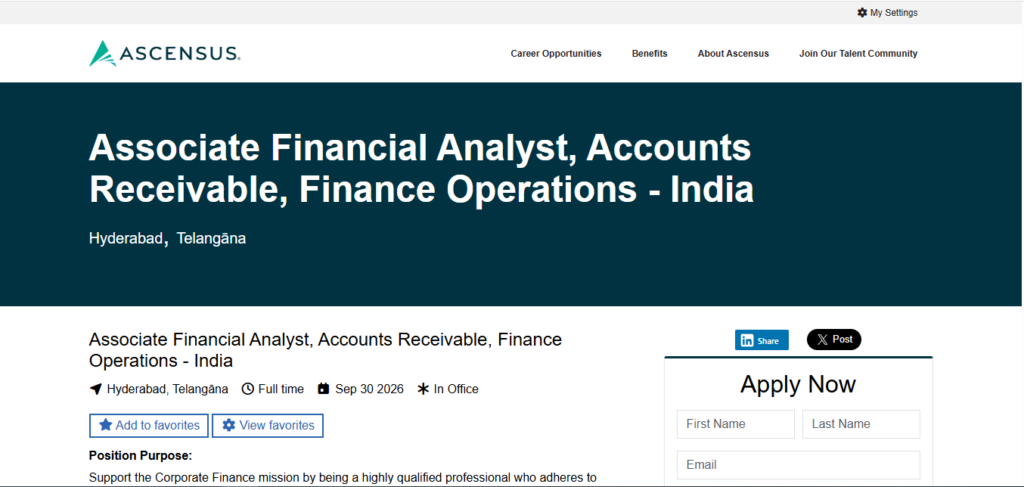 Ascensus Hiring Associate Financial Analyst, Accounts Receivable, Finance Operations | Hyderabad 2026