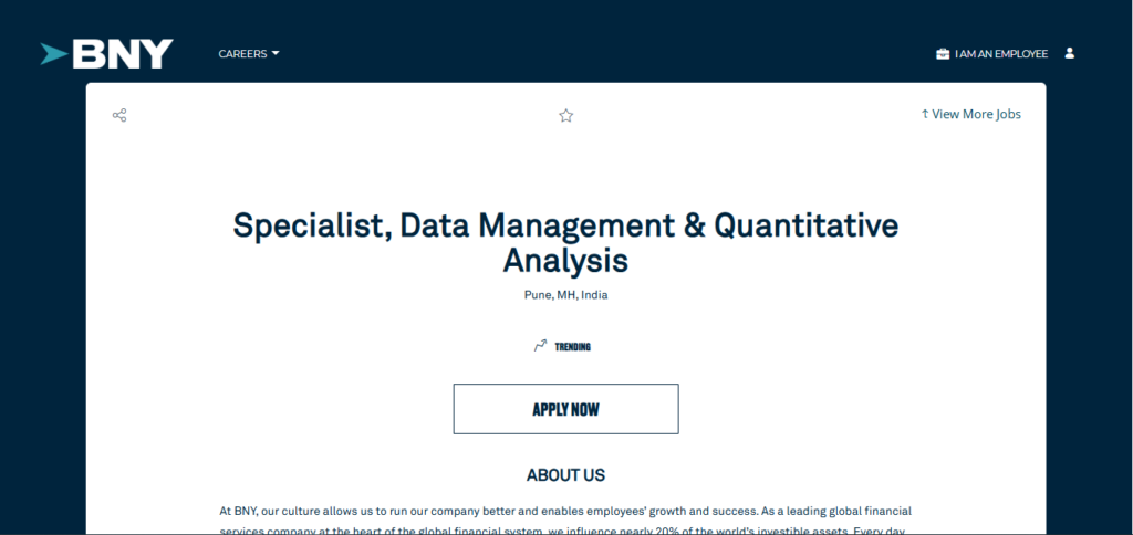 BNY Hiring Specialist, Data Management & Quantitative Analysis | Pune 2026