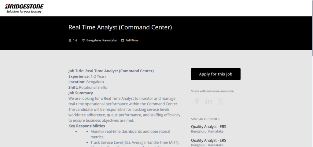 BRIDGESTONE Hiring Real Time Analyst (Command Center) | Bangalore 2026