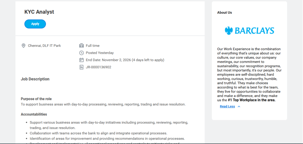 Barclays Hiring KYC Analyst | Chennai 2026
