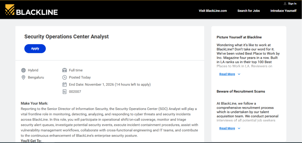 Blackline Hiring Security Operations Center Analyst | Bangalore 2026