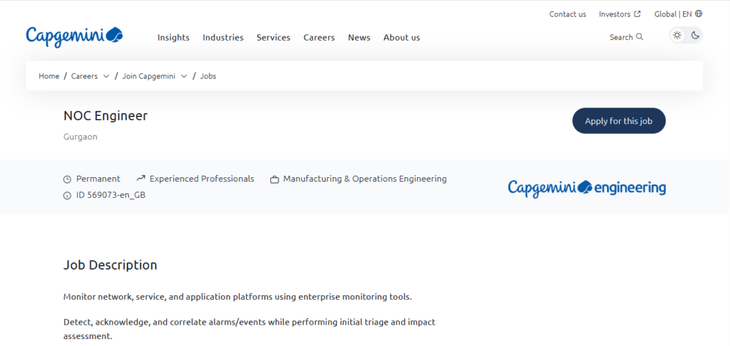 Capgemini Hiring NOC Engineer | Gurgaon 2026