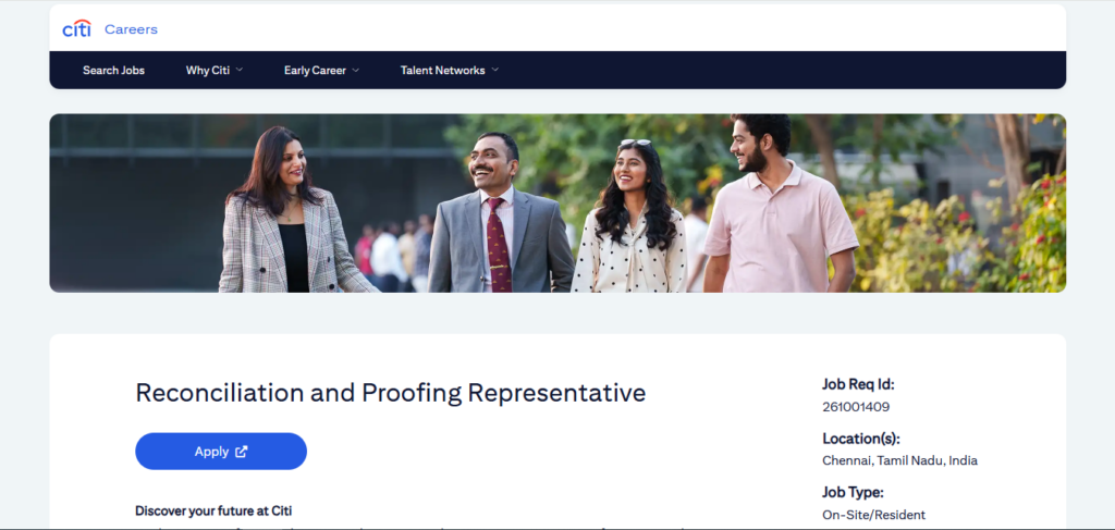 Citi Hiring Reconciliation and Proofing Representative | Chennai 2026