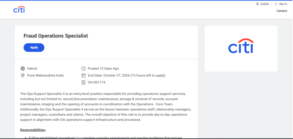 Citi Hiring Fraud Operations Specialist | Pune 2026