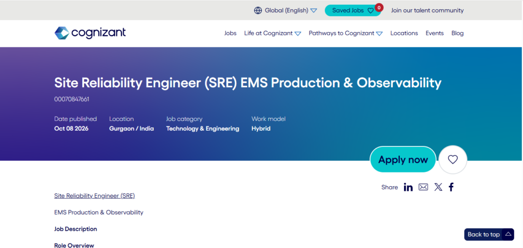 Cognizant Hiring Site Reliability Engineer (SRE) - EMS Production & Observability | Gurgaon 2026