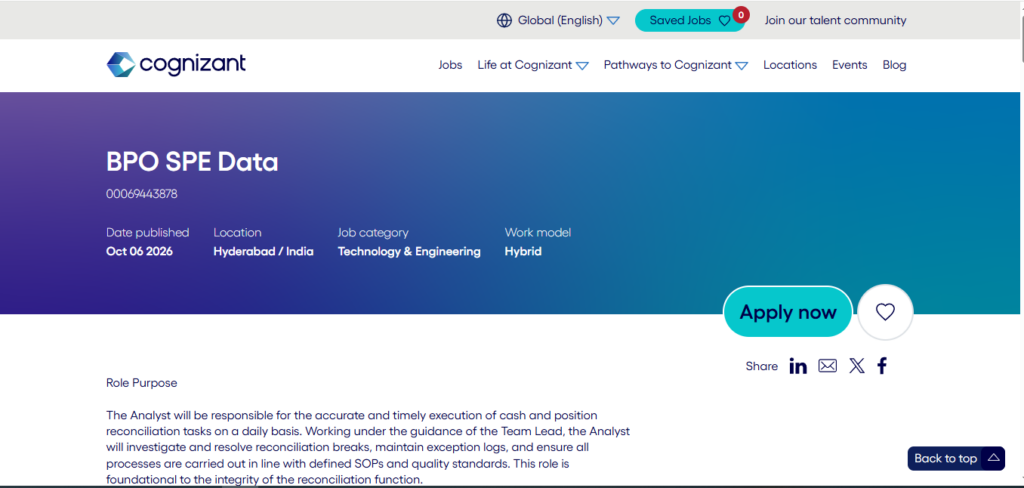 Cognizant Hiring Analyst - BPO SPE Data | Hyderabad 2026