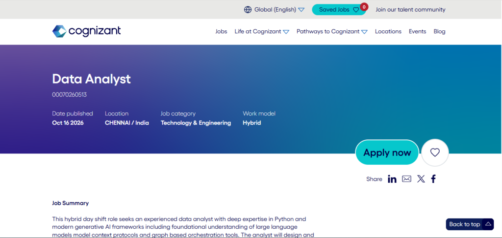 Cognizant Hiring Data Analyst | Chennai 2026