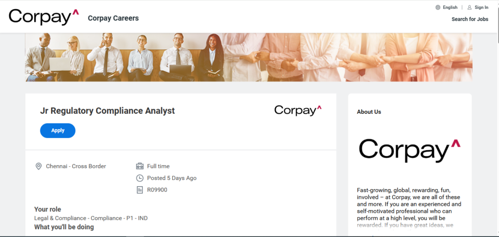 Corpay Hiring Jr Regulatory Compliance Analyst | Chennai 2026