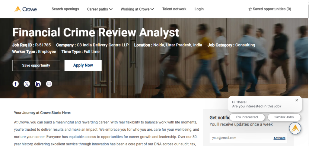 Crowe Hiring Financial Crime Review Analyst | Noida 2026