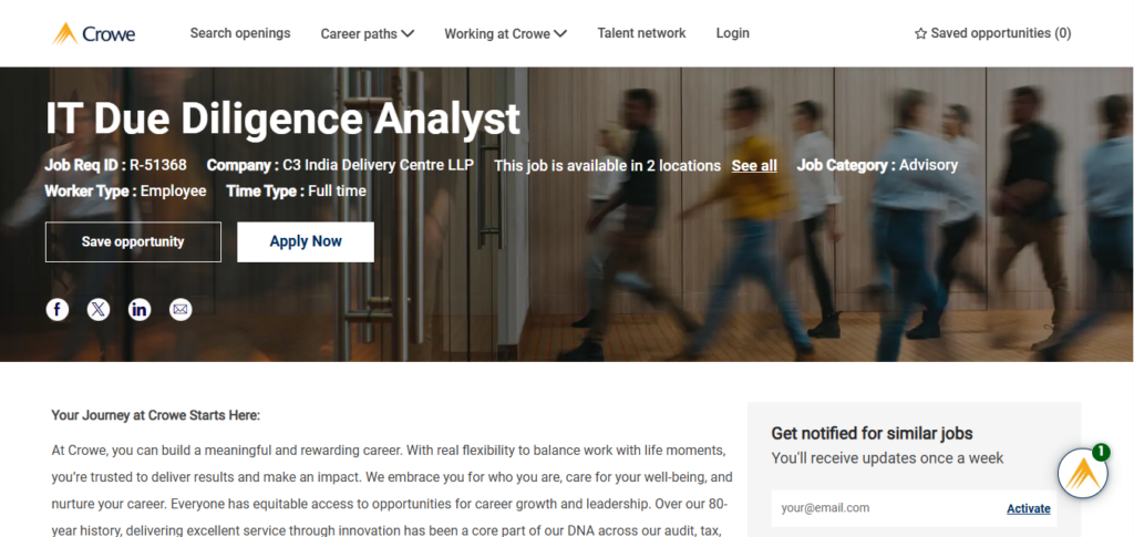 Crowe Hiring IT Due Diligence Analyst | Noida & Hyderabad 2026