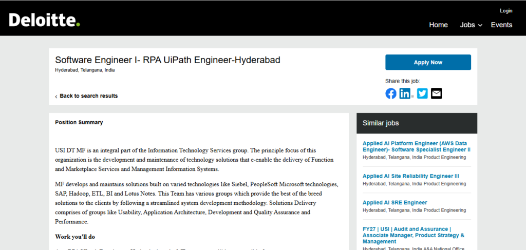 Deloitte Hiring Software Engineer I – RPA UiPath Engineer | Hyderabad 2026