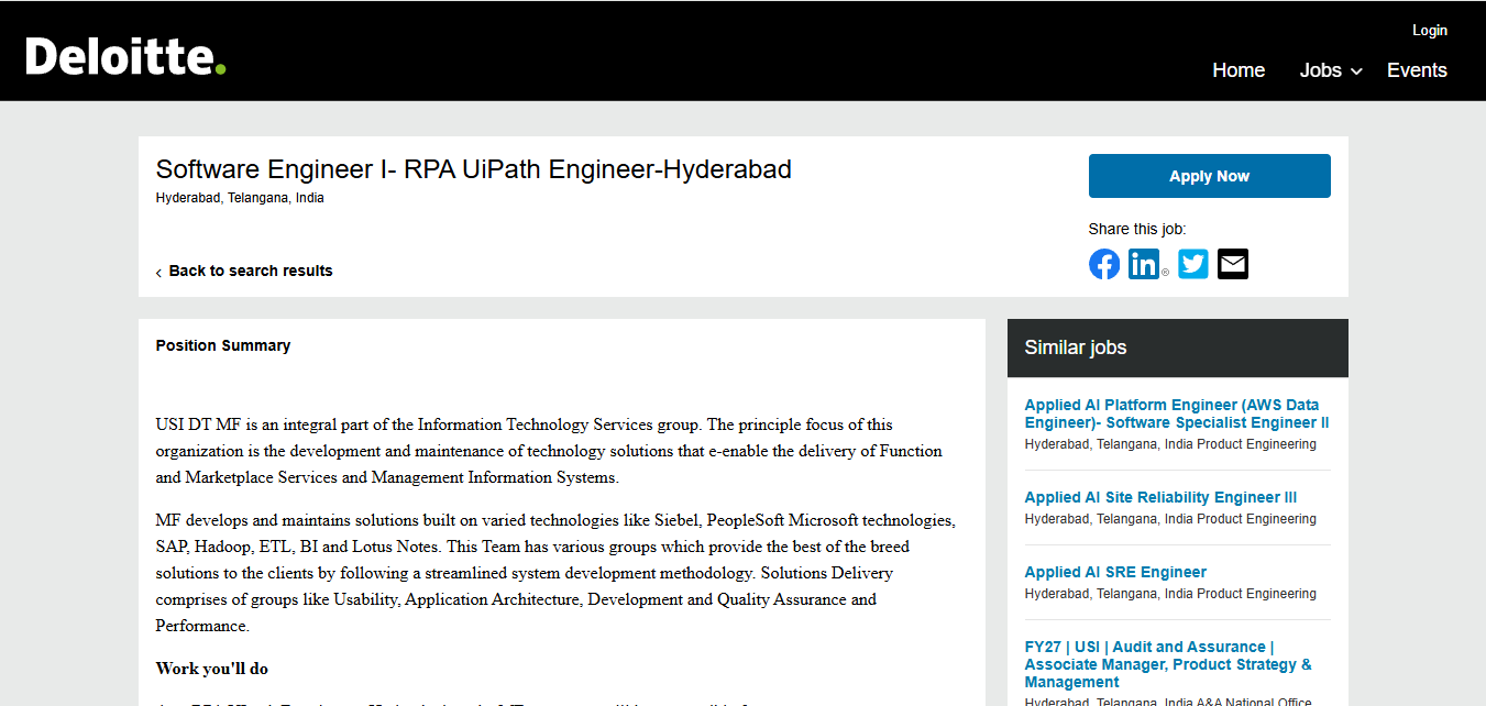 Application Engineer Visuals Deloitte Hiring Software Engineer I – RPA UiPath Engineer | Hyderabad ...