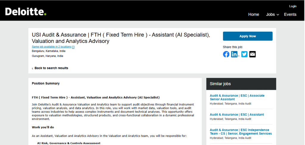 Deloitte Hiring Assistant – Valuation and Analytics Advisory | Bangalore & Gurgaon 2026