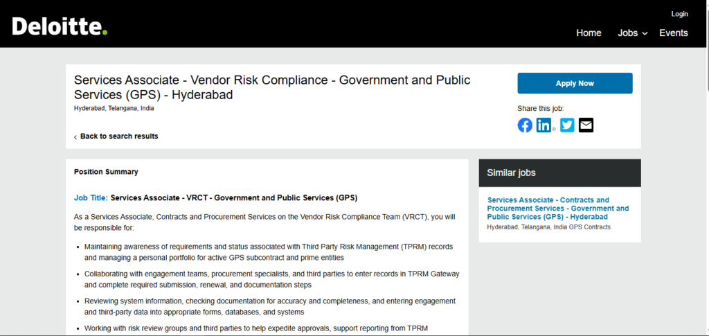 Deloitte Hiring Services Associate - Vendor Risk Compliance | Hyderabad 2026