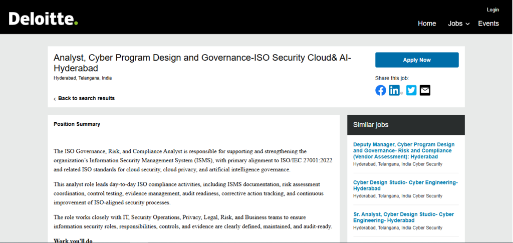Deloitte Hiring ISO Governance, Risk, and Compliance Analyst | Hyderabad 2026