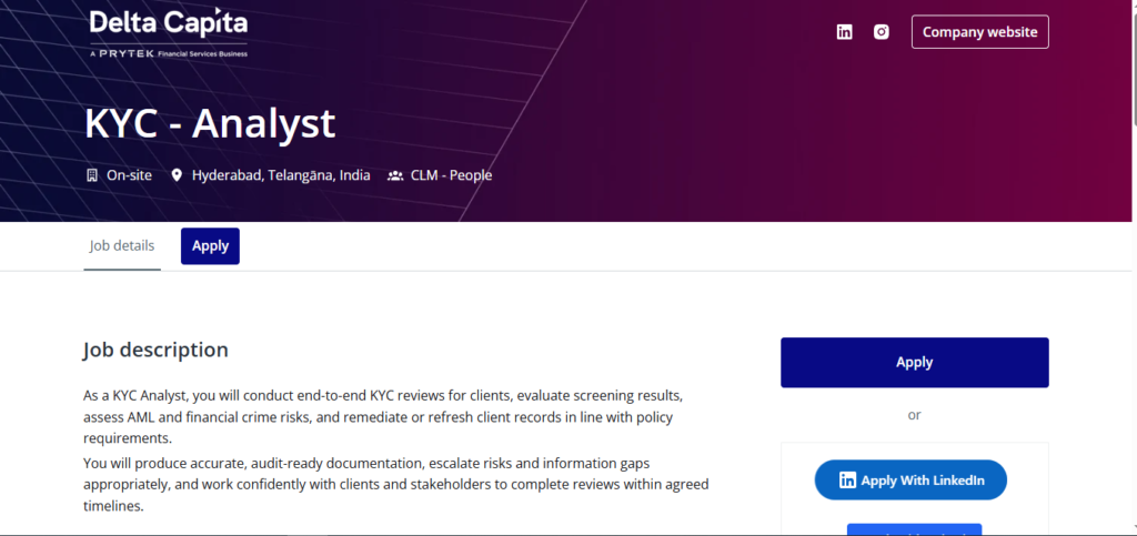 Delta Capita Hiring KYC - Analyst | Hyderabad 2026