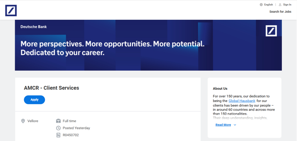 Deutsche Bank Hiring AMCR - Client Services | Vellore 2026