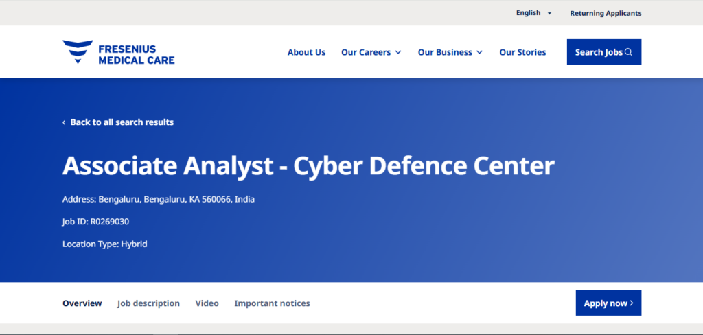 Fresenius Medical Care Hiring Associate Analyst - Cyber Defence Center | Bangalore 2026
