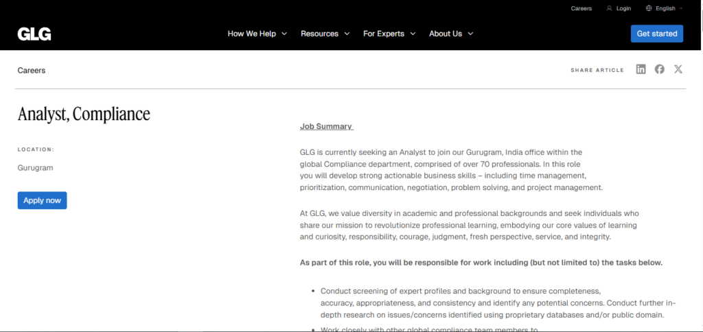 GLG Hiring Analyst, Compliance | Gurgaon 2026