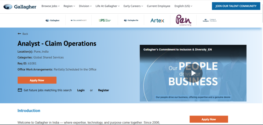 Gallagher Hiring Analyst - Claim Operations | Pune 2026