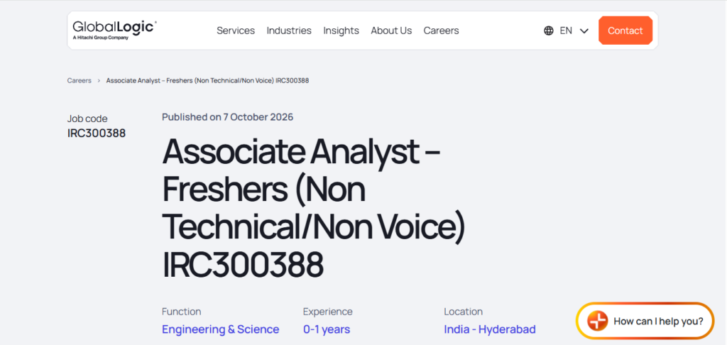 GlobalLogic Hiring Associate Analyst – Freshers (Non-Technical / Non-Voice) | Hyderabad 2026