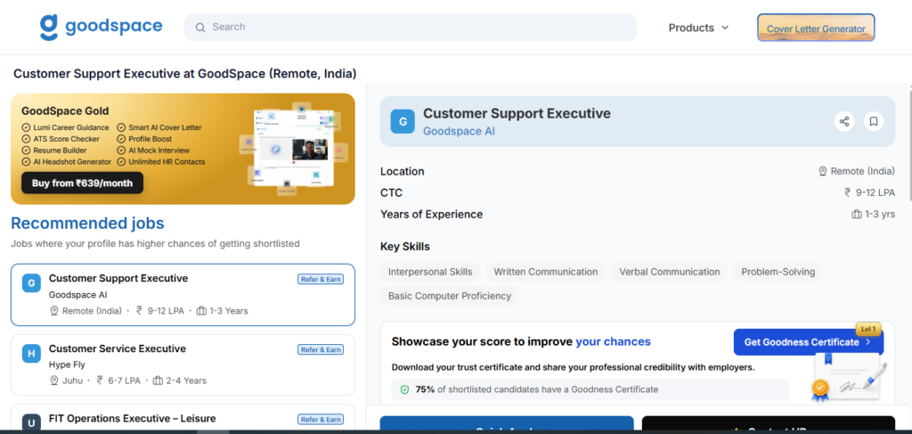 Goodspace Hiring Customer Support Executive | Work from Home 2026