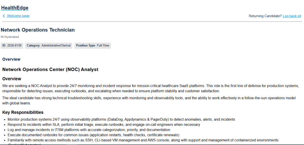 HealthEdge Hiring Network Operations Center (NOC) Analyst | Hyderabad 2026