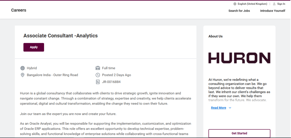 Huron Hiring Associate Consultant – Analytics | Bangalore 2026