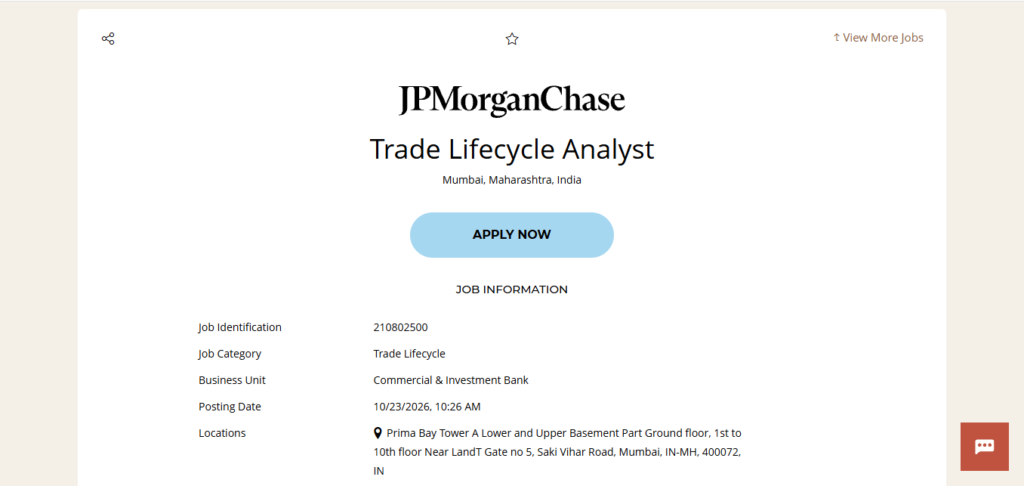 JPMorgan Chase Hiring Trade Lifecycle Analyst | Mumbai 2026