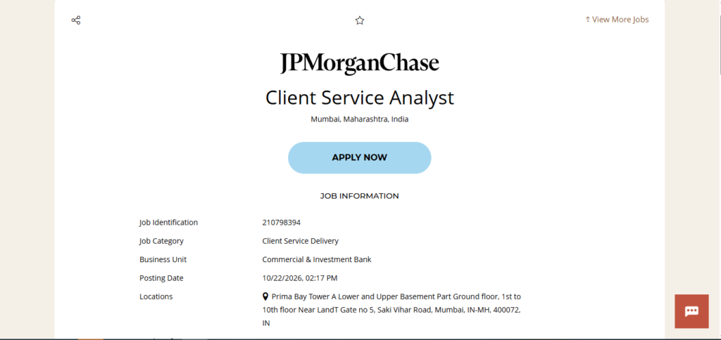 JPMorgan Chase Hiring Client Service Analyst | Mumbai 2026