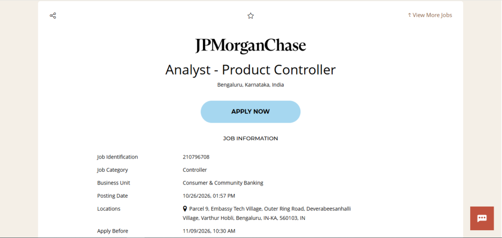 JPMorgan Chase Hiring Analyst - Product Controller | Bangalore 2026