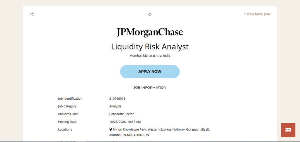 JPMorgan Chase Hiring Liquidity Risk Analyst | Mumbai 2026