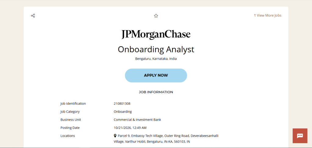 JPMorgan Chase Hiring Onboarding Analyst | Bangalore 2026