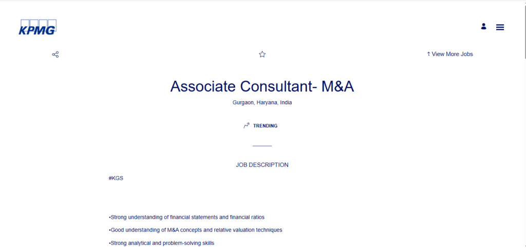 KPMG Hiring Associate Consultant - M&A | Gurgaon 2026