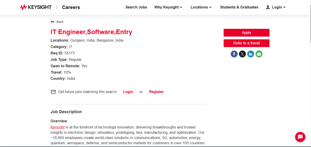 Keysight Hiring IT Engineer – Software (Entry) | Gurgaon & Bangalore 2026