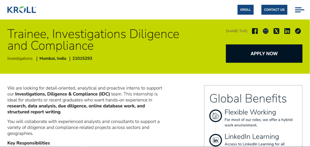 Kroll Hiring Trainee, Investigations Diligence and Compliance | Mumbai 2026