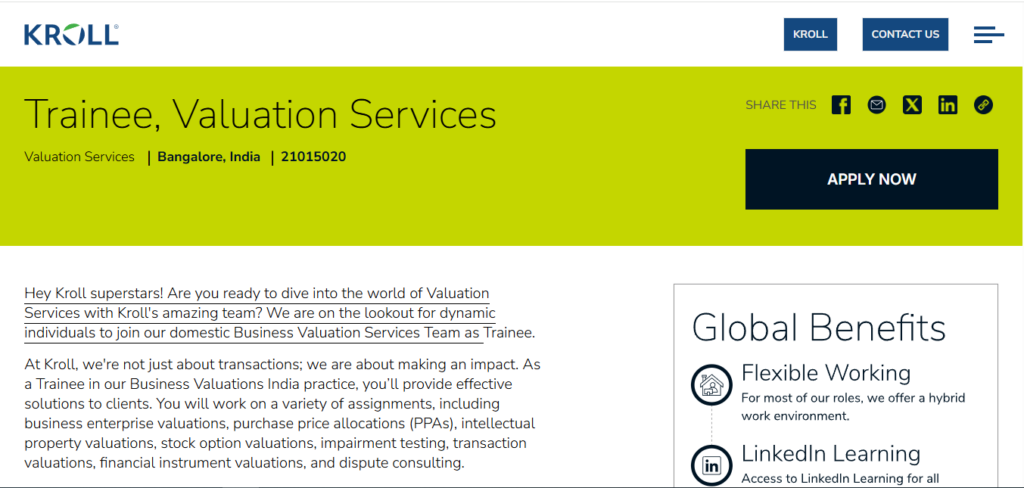 Kroll Hiring Trainee, Valuation Services | Bangalore 2026