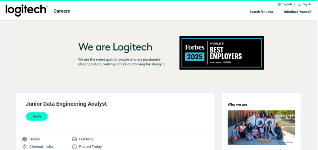 Logitech Hiring Junior Data Engineering Analyst | Chennai 2026